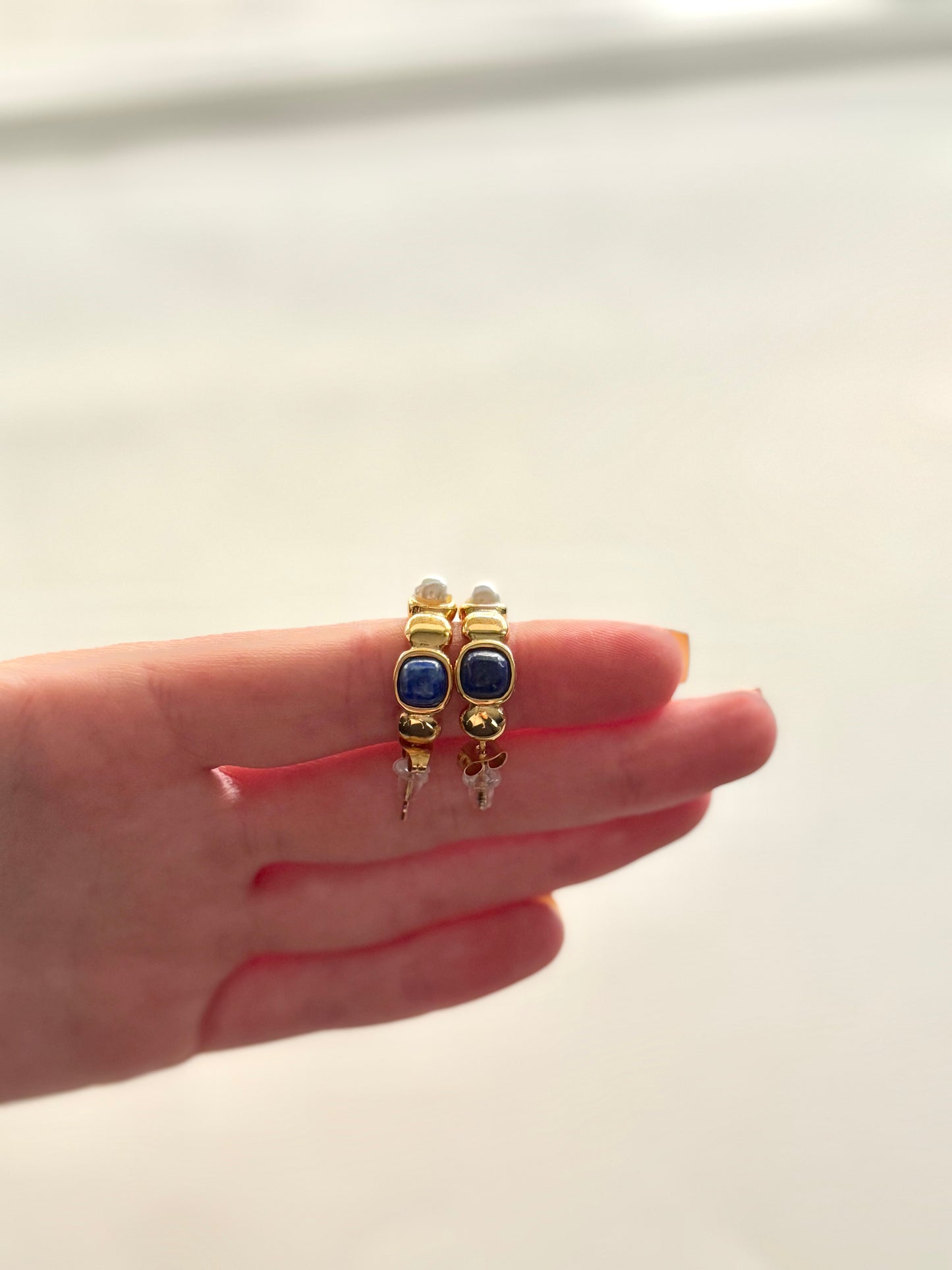 Blue Stone & Pearl Gold Earrings