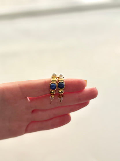 Blue Stone & Pearl Gold Earrings