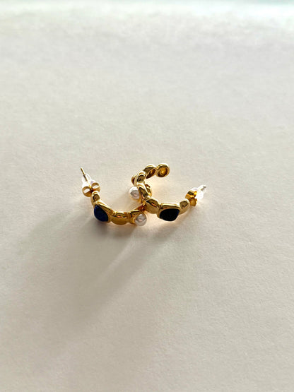 Blue Stone & Pearl Gold Earrings