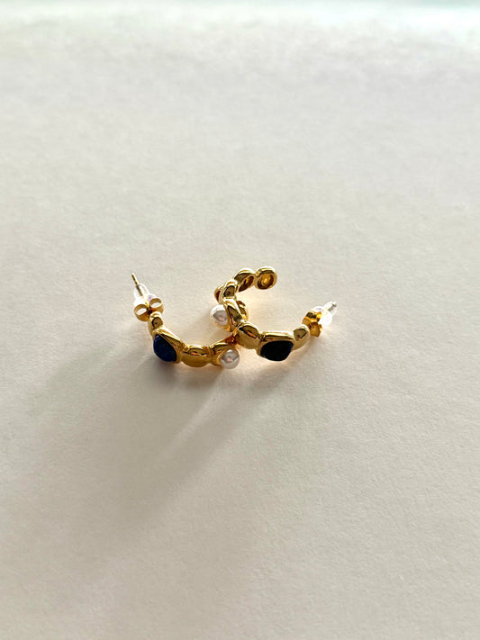 Blue Stone & Pearl Gold Earrings