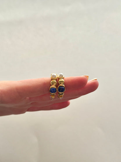 Blue Stone & Pearl Gold Earrings